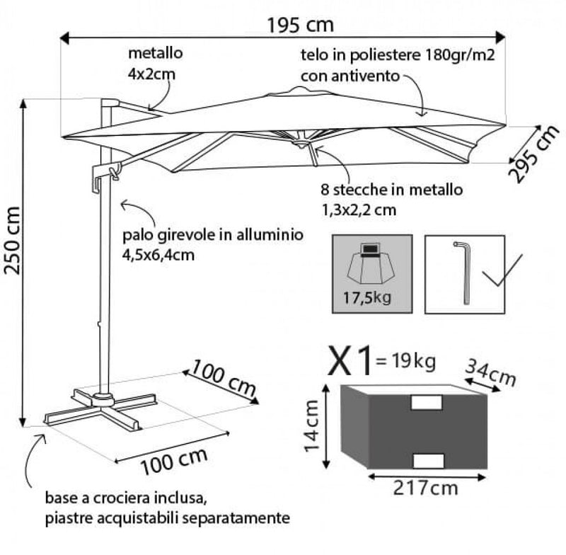 Ombrellone da Giardino Newton Decentrato 2x3 m in Alluminio Nero Telo Ecrù-7