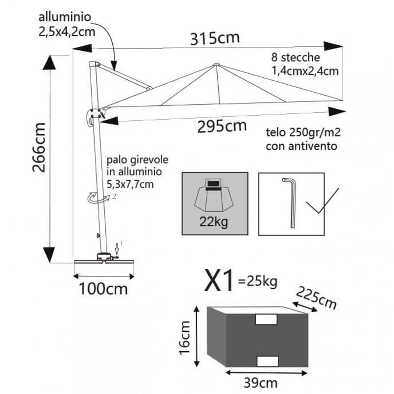 Ombrellone da Giardino Saturno Decentrato 3x3m in Alluminio Bianco Telo Grigio-3