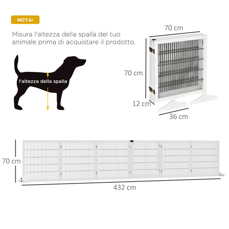 Cancelletto di Sicurezza per Cani di Piccola/Media Taglia 432x36x70 cm 6 Pannelli Pieghevoli in Legno e Acciaio Bianco-3