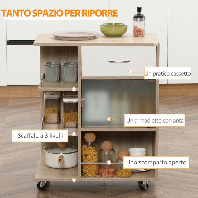 Carrello da Cucina Portavivande con Cassetto 65x39x80 cm Ripiani e Armadietto in Legno Acciaio e Vetro-4