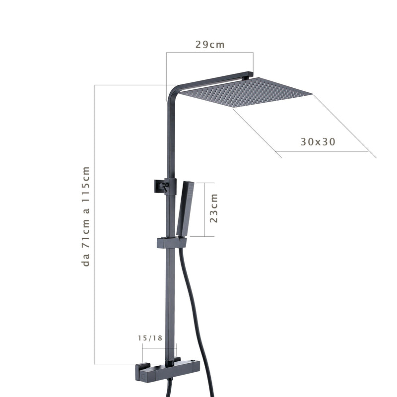 Saliscendi Asta con Miscelatore Termostatico Soffione 30x30 cm e Doccetta in Acciaio Inox Bonussi Nero-5