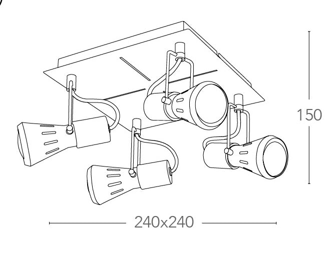 Faretto 4 Luci Spot Base Quadrata Metallo Cromo Lampada Moderna E14 Intec SPOT-CADILLAC-PL4-4