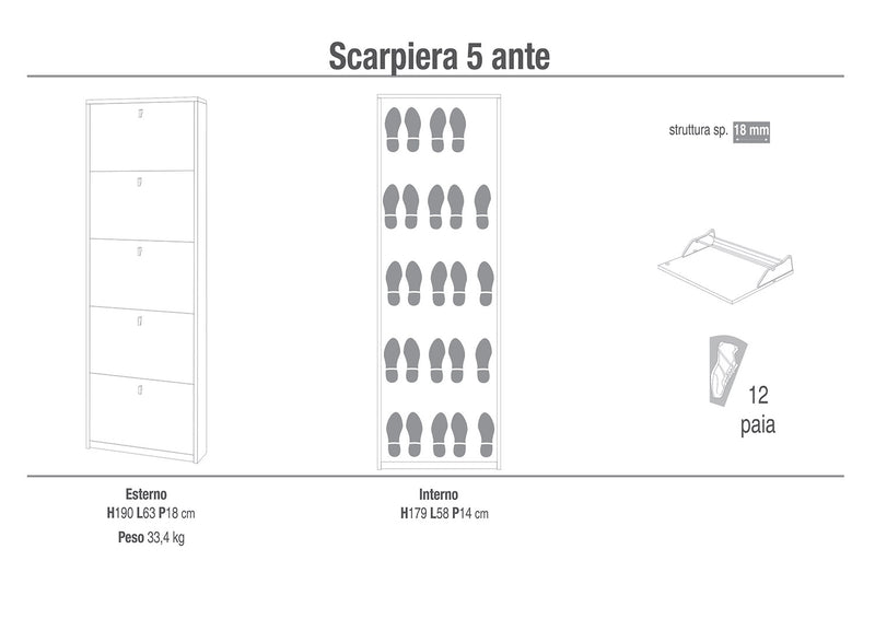 Scarpiera Salvaspazio 5 Ante 12 Paia  63x190x18 cm Noce Stelvio-2