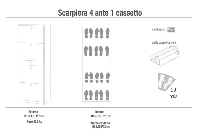 Scarpiera Salvaspazio 4 Ante 1 Cassetto 20 Paia 63x164x29 cm Noce Stelvio-2