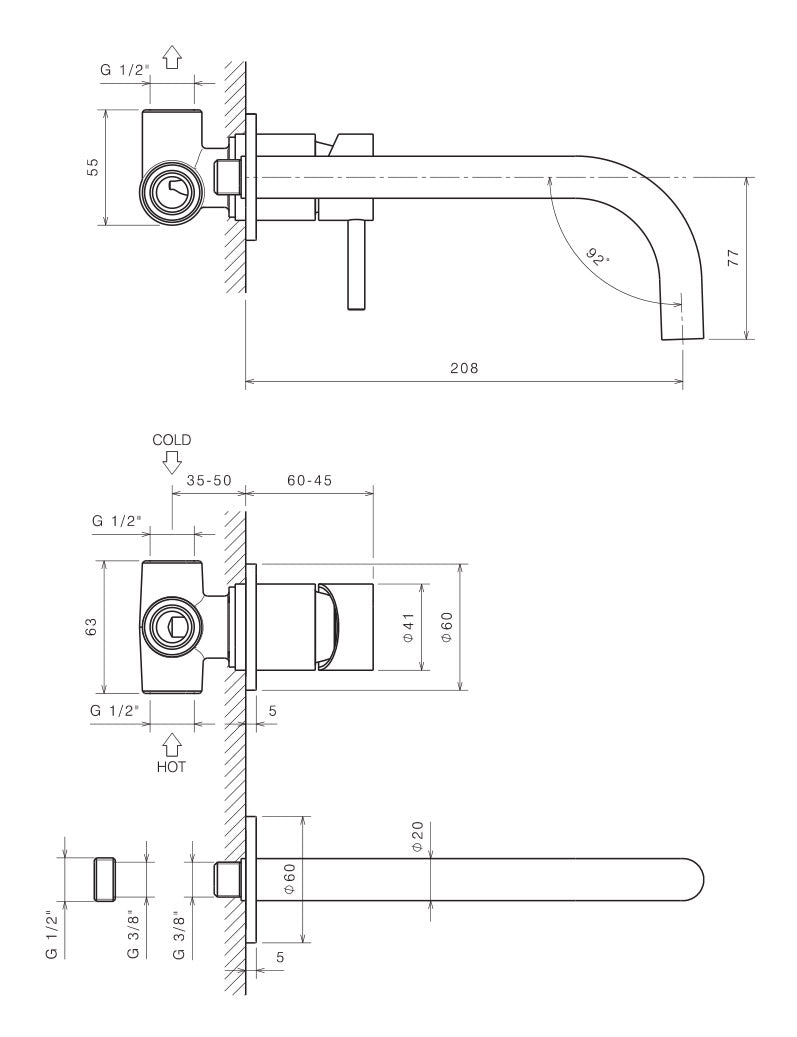 Rubinetto Miscelatore Monocomando Lavabo da Parete in Acciaio Inox Maniglia Antracite-2