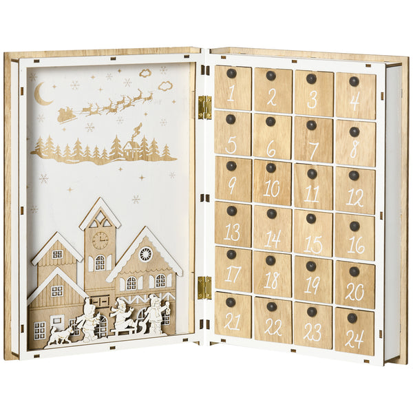 online Calendrier de l'Avent de Noël en forme de livre 22x7x32 cm avec des thèmes de Noël en bois blanc