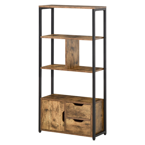 Libreria 3 Ripiani 2 Cassetti 1 Anta 58x24x122 cm in Truciolato e Metallo Nero e Legno sconto