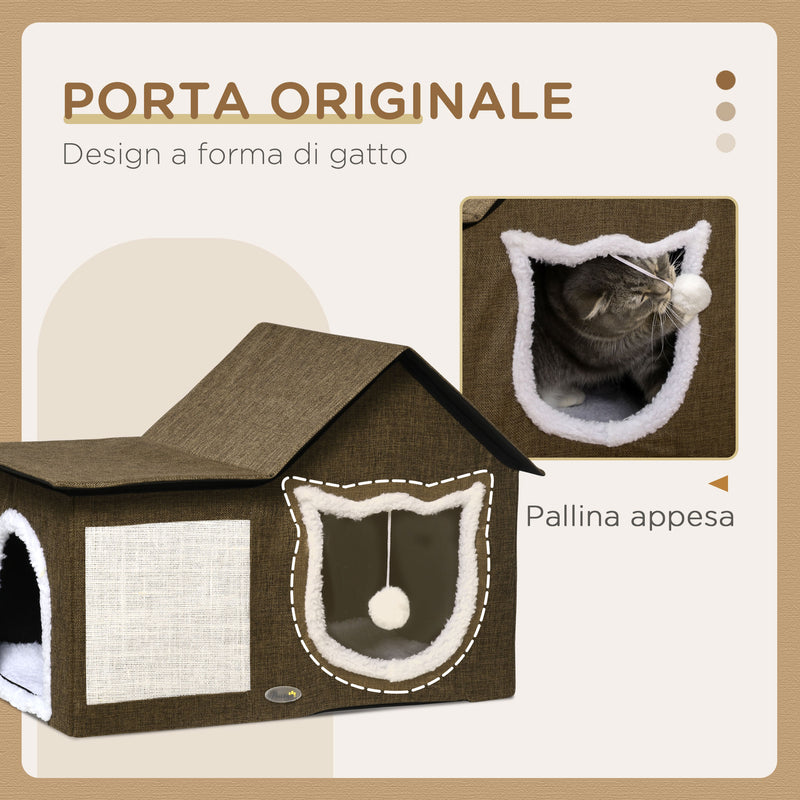 Cuccia Casetta per Gatti 65x41x45,5 cm in MDF Finto Lino e Sisal Marrone-6