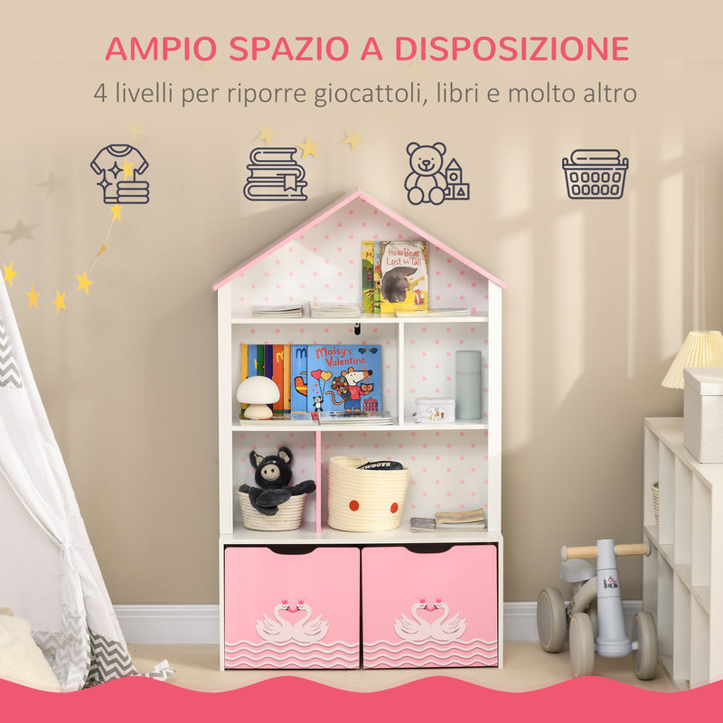 Scaffale Portagiochi per Bambini 78,5x34x127,5 cm con Ripiani Aperti e Cassetti Rosa-4