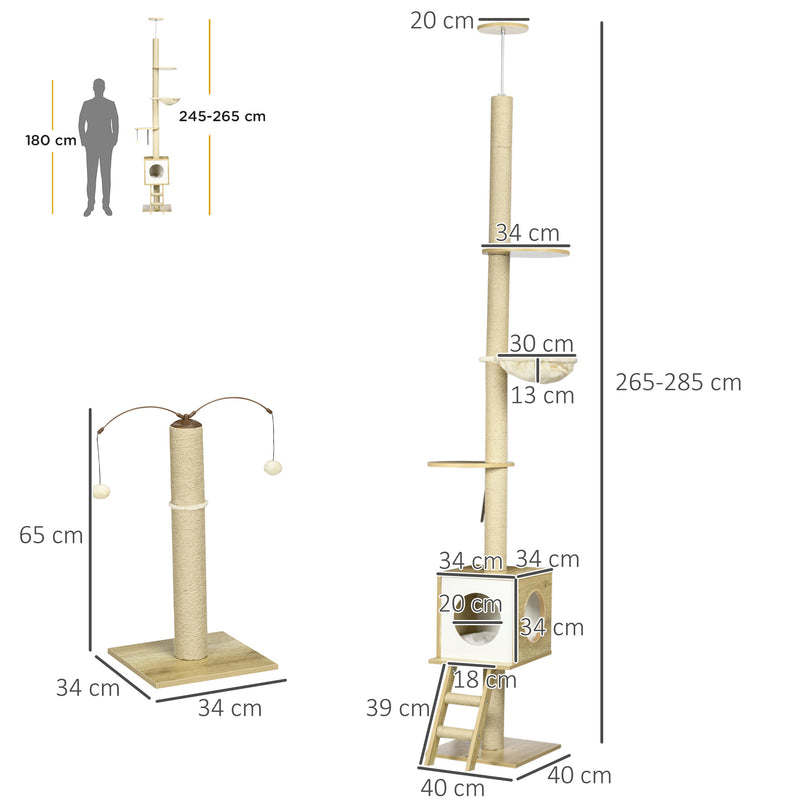 Albero per Gatti con Tiragraffi 40x40x225-285 cm Casetta Amaca e Pallina in Truciolato e iuta Beige e bianco-3