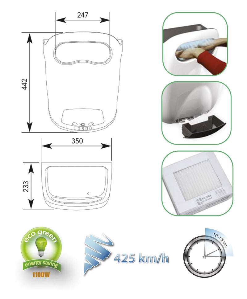 Asciugamani Elettrico con Fotocellula 1100W Vama Vision Air BF Easy Bianco-2