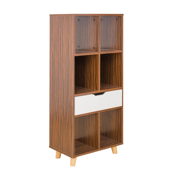 acquista Libreria 6 Ripiani 1 Cassetto 53x155x30 cm in Legno Melaminico Zebrano e Bianco Opaco