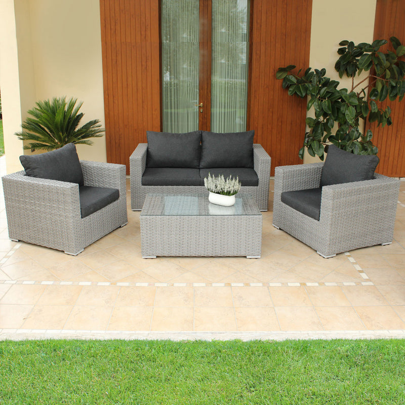 Set Salotto da Giardino Divano 2 Poltrone e Tavolino con Cuscini in Wicker Grigio-2