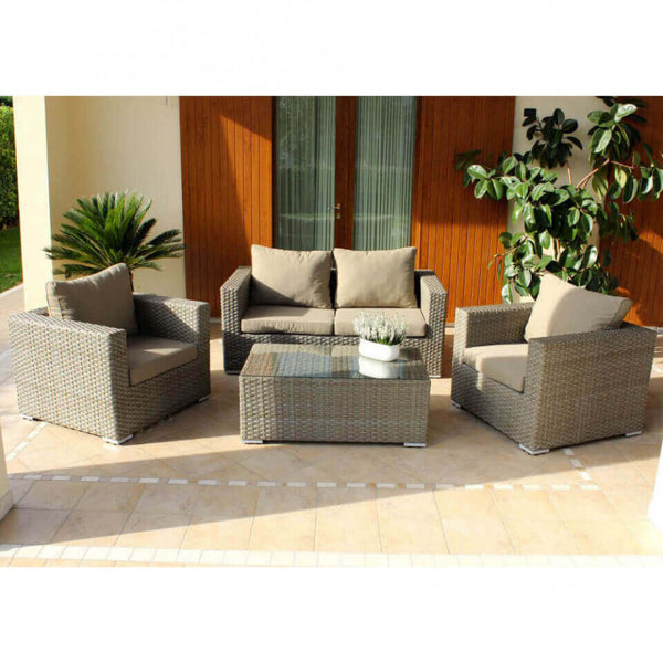 Salon de jardin canapé 2 fauteuils et table basse avec coussins en osier marron sconto