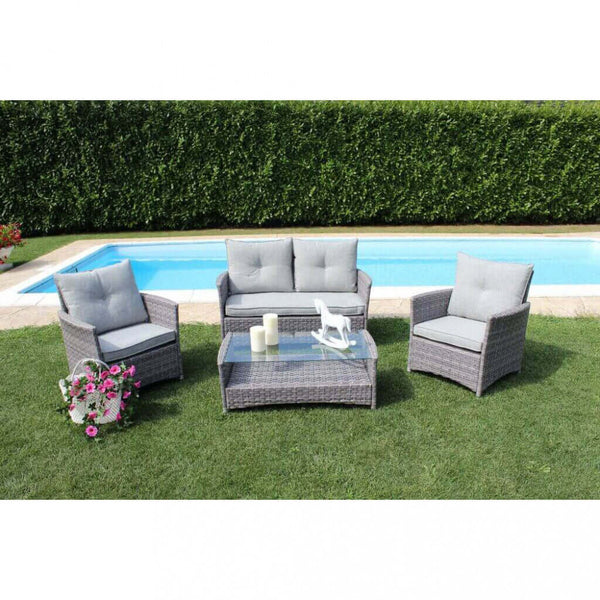 sconto Salon de jardin canapé 2 fauteuils et table basse avec coussins en osier gris