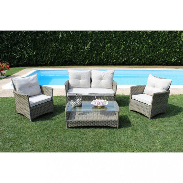 online Salon de jardin canapé 2 fauteuils et table basse avec coussins en osier marron