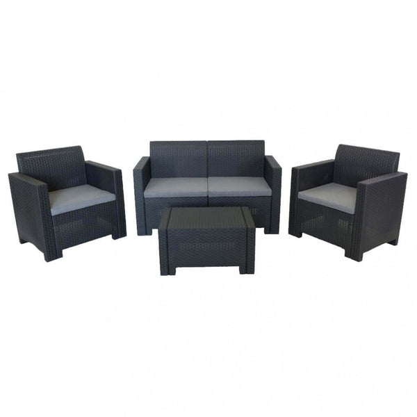 Ensemble Salon de Jardin Canapé 2 Fauteuils et Table Basse avec Coussins en Plastique Noir prezzo