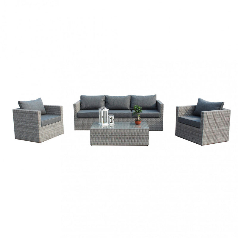 Set Salotto da Giardino Divano 2 Poltrone e Tavolino con Cuscini in Wicker Grigio-1