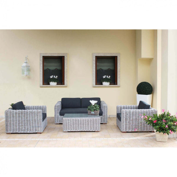 acquista Salon de jardin canapé 2 fauteuils et table basse avec coussins en rotin gris