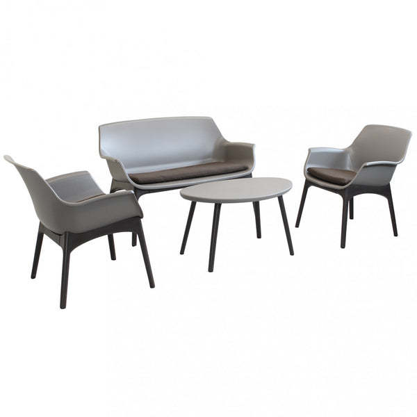 Ensemble Salon de Jardin Canapé 2 Fauteuils et Table Basse avec Coussins en Plastique Gris Tourterelle acquista