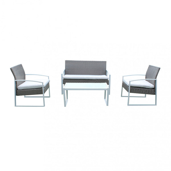 acquista Salon de jardin canapé 2 fauteuils et table basse avec coussins en osier gris