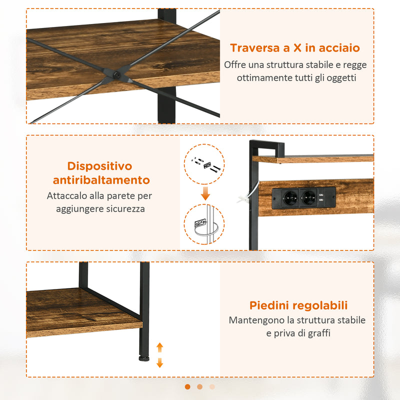 Scaffale Cucina con Multopresa 90x42x130 cm in Legno e Acciaio Marrone Rustico-6