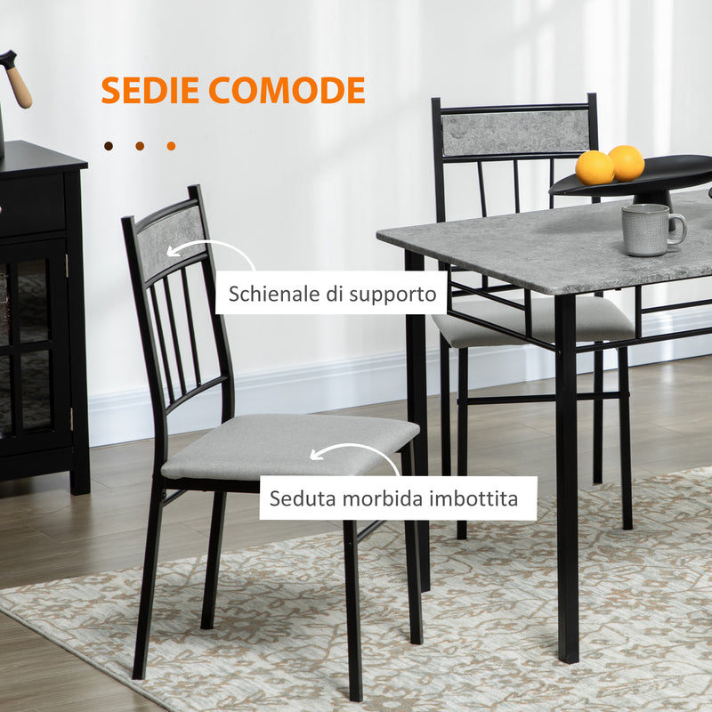 Set da Pranzo Tavolo e 4 Sedie Seduta Imbottita in Metallo e MDF Grigio e Nero-5