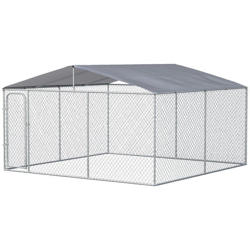 Gabbia Kennel per Cani da Esterno 400x230x232 cm in Metallo e Tetto in Tessuto Oxford Argento-1