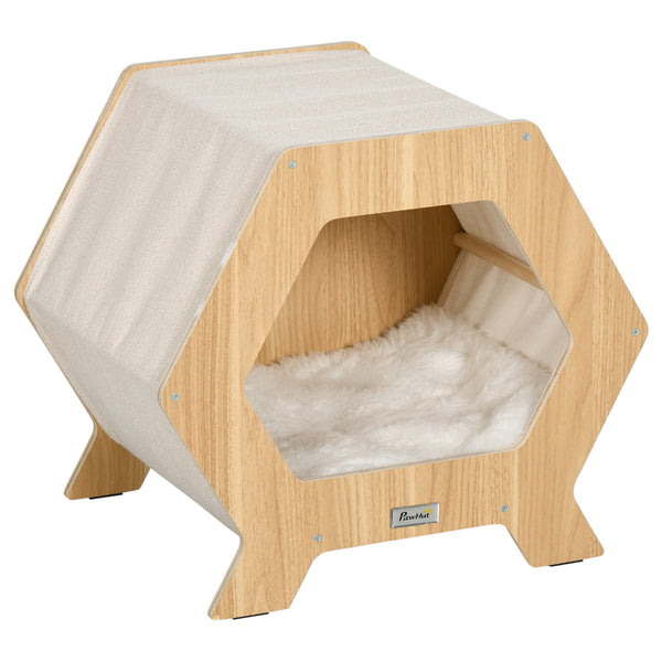 Niche pour Chats 49,5x38,5x43,5 cm en Bois et Tissu avec Coussin en Peluche Chêne et Blanc acquista