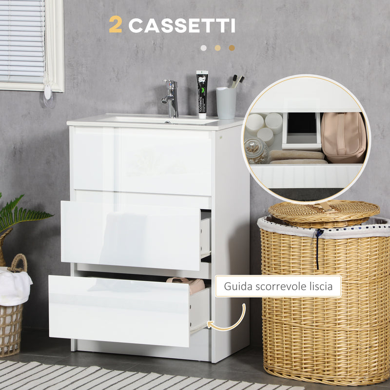 Mobiletto Bagno 2 Cassetti 61x37x88 cm con Lavabo in Ceramica Bianco-4