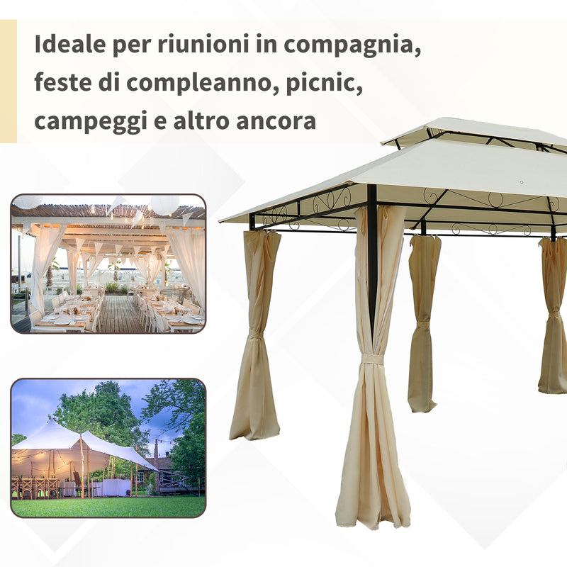 Gazebo da Giardino 3x4m con Tende in Acciaio e Poliestere Bianco e Crema-6