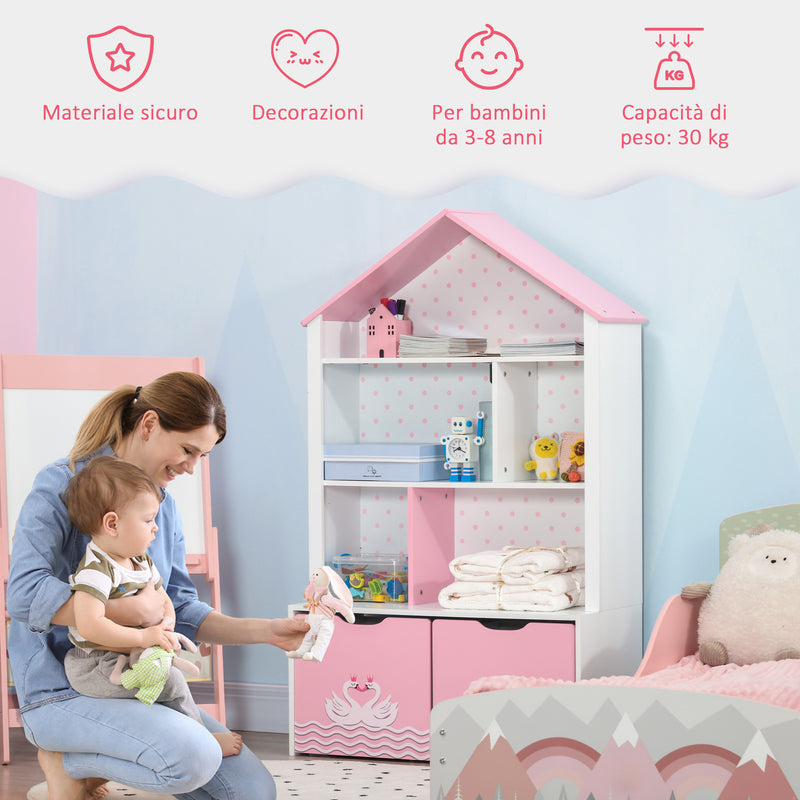 Scaffale Portagiochi per Bambini 78,5x34x127,5 cm con Ripiani Aperti e Cassetti Rosa-7