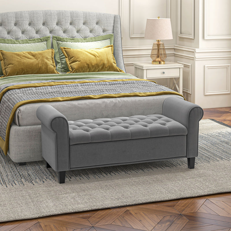 Panca Fondo Letto 126x48,5x57 cm in Tessuto Vellutato Grigio-2