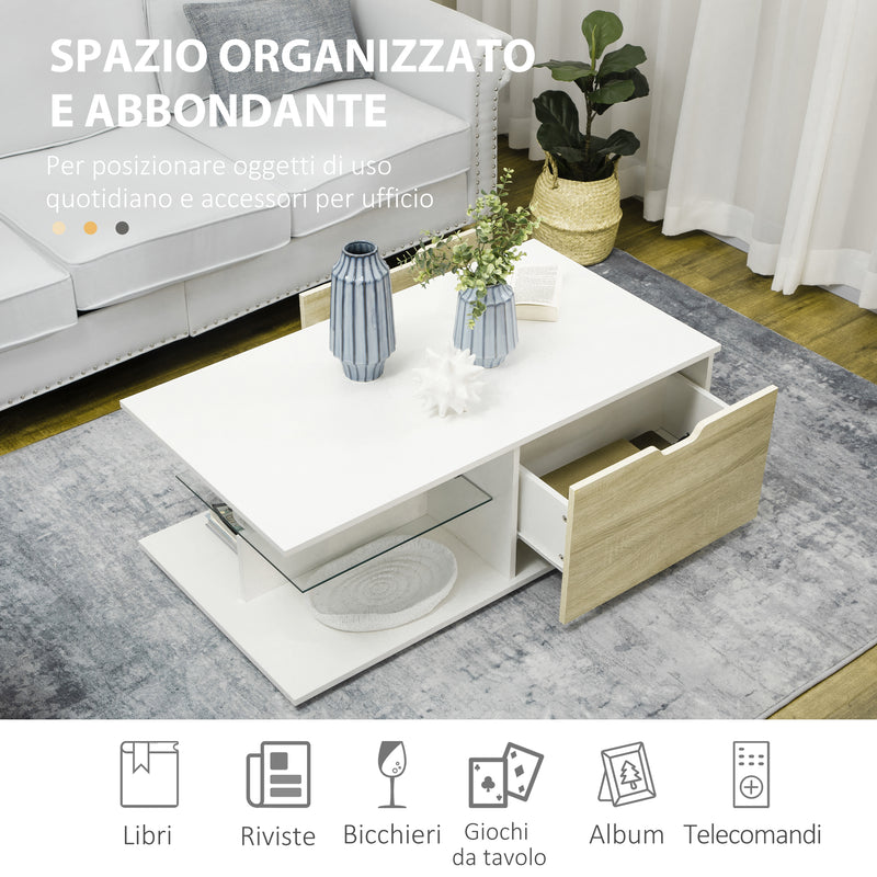 Tavolino da Caffè  106x58x39 cm con Cassetti e Ripiano in Vetro in Truciolato Bianco-5