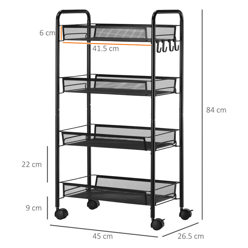 Carrello da Cucina a 4 Ripiani 45x26,5x84 cm in Acciaio e Polipropilene Nero-3