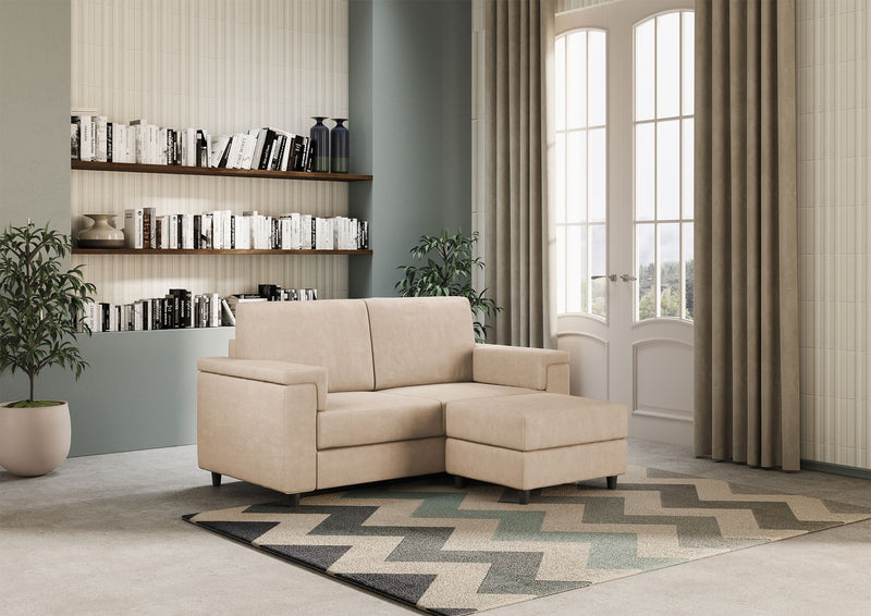 Divano 2 Posti con Pouf 168x145x85 cm Marrak in Tessuto Beige-3