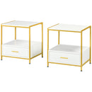 Set 2 Comodini 2 Cassetti 50x40x55 cm in Acciaio e Legno Truciolare Bianco e Oro-1