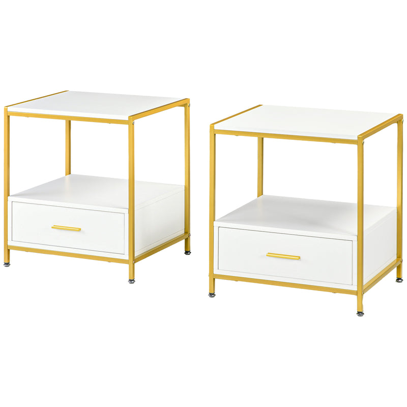 Set 2 Comodini 2 Cassetti 50x40x55 cm in Acciaio e Legno Truciolare Bianco e Oro-1