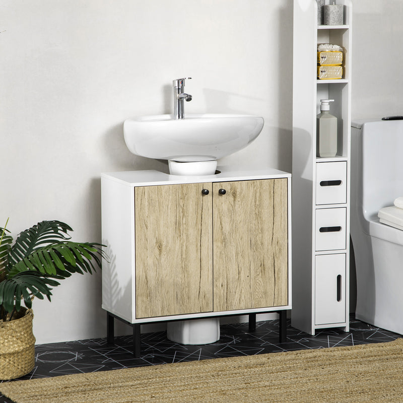 Mobile  Sotto Lavabo 60x30x60 cm in Truciolato e Acciaio Bianco e Rovere-2