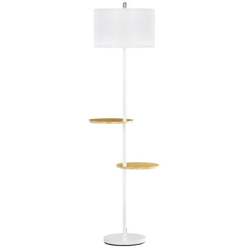 Lampada da Terra a Piantana Ø40x163 cm con 2 Mensole e Paralume in Tessuto Bianco-1