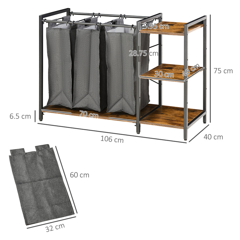 Mobile Portabiancheria 106x40x75 cm con 3 Sacchi in Tessuto e 3 Ripiani Grigio e Marrone-3