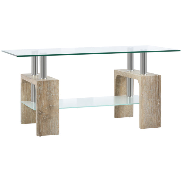 acquista Table Basse 2 Niveaux 90x50x42 cm en Verre et Bois Naturel