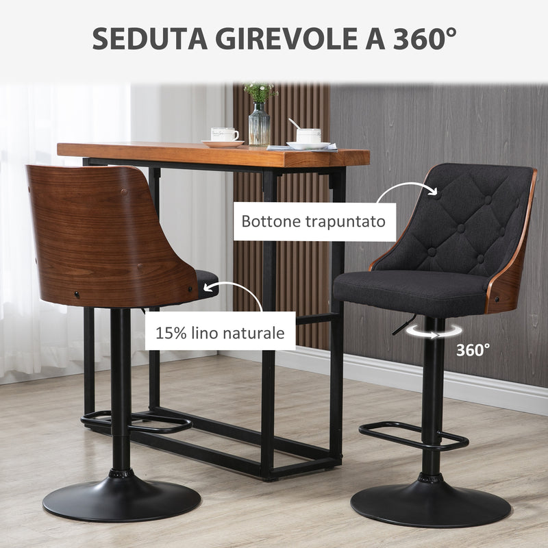 Set 2 Sgabelli da Bar 47,5x50x93,5-116 cm Seduta  in Lino Poliestere Nero e Noce-4