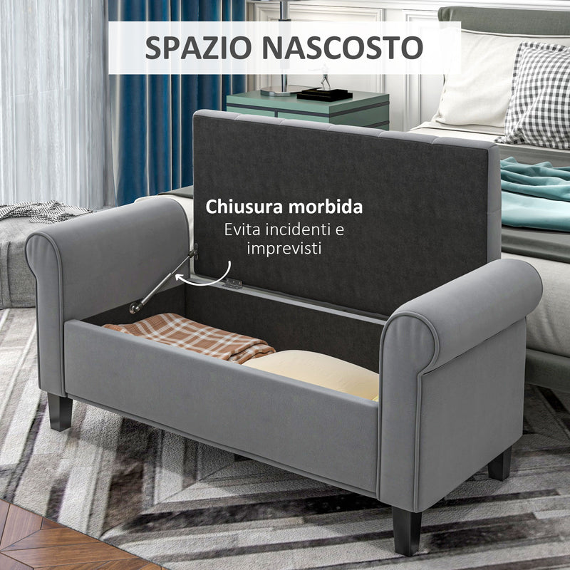 Panca Fondo Letto 126x48,5x57 cm in Tessuto Vellutato Grigio-4