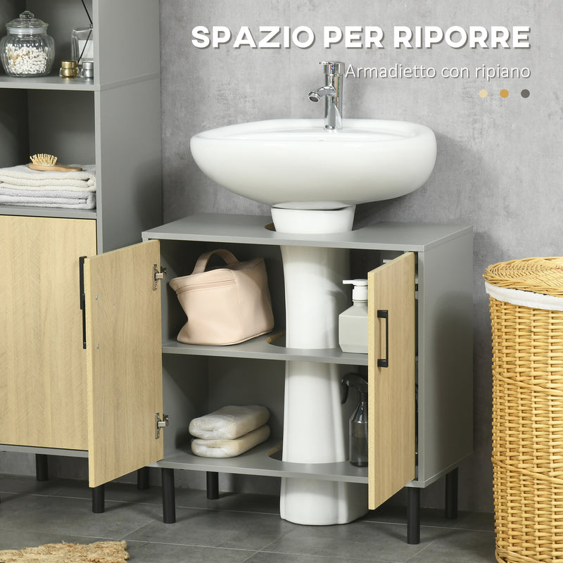 Mobile Sottolavello da Bagno 60x30x60 cm 2 Ante in Truciolato Grigio e Quercia-5