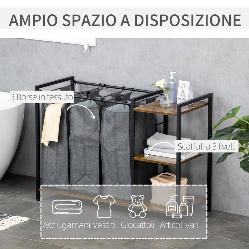 Mobile Portabiancheria 106x40x75 cm con 3 Sacchi in Tessuto e 3 Ripiani Grigio e Marrone-4