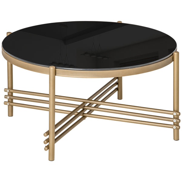 Table Basse avec Plateau en Verre Trempé Ø85x41 cm Base en Métal Noir et Doré online