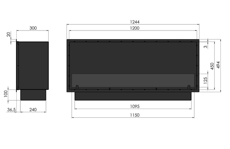 Camino a Bioetanolo da Incasso 124,4x59,4x30 cm Inside 1200 Slim Nero con Vetro-5