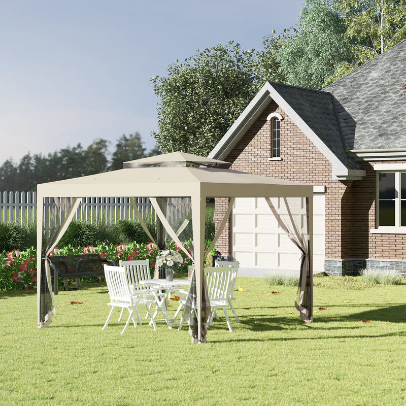 Gazebo da Giardino con Zanzariera Doppio Tetto 3x3m Telaio in Metallo Beige-2