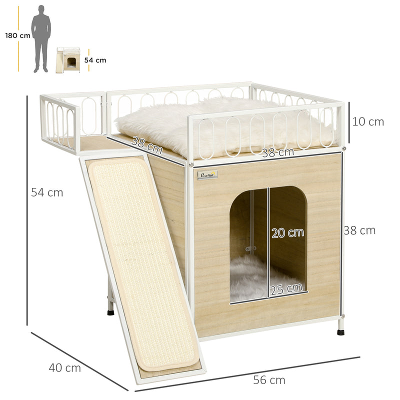 Casetta per Gatti 56x40x54 cm con Tiragraffi e Scaletta Legno e Bianco-3